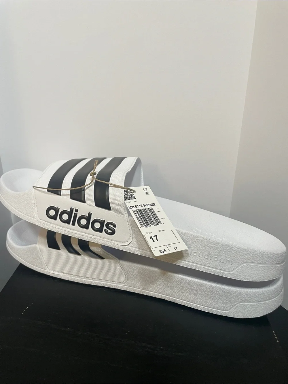adidas White Slides with Black Stripes and Logo